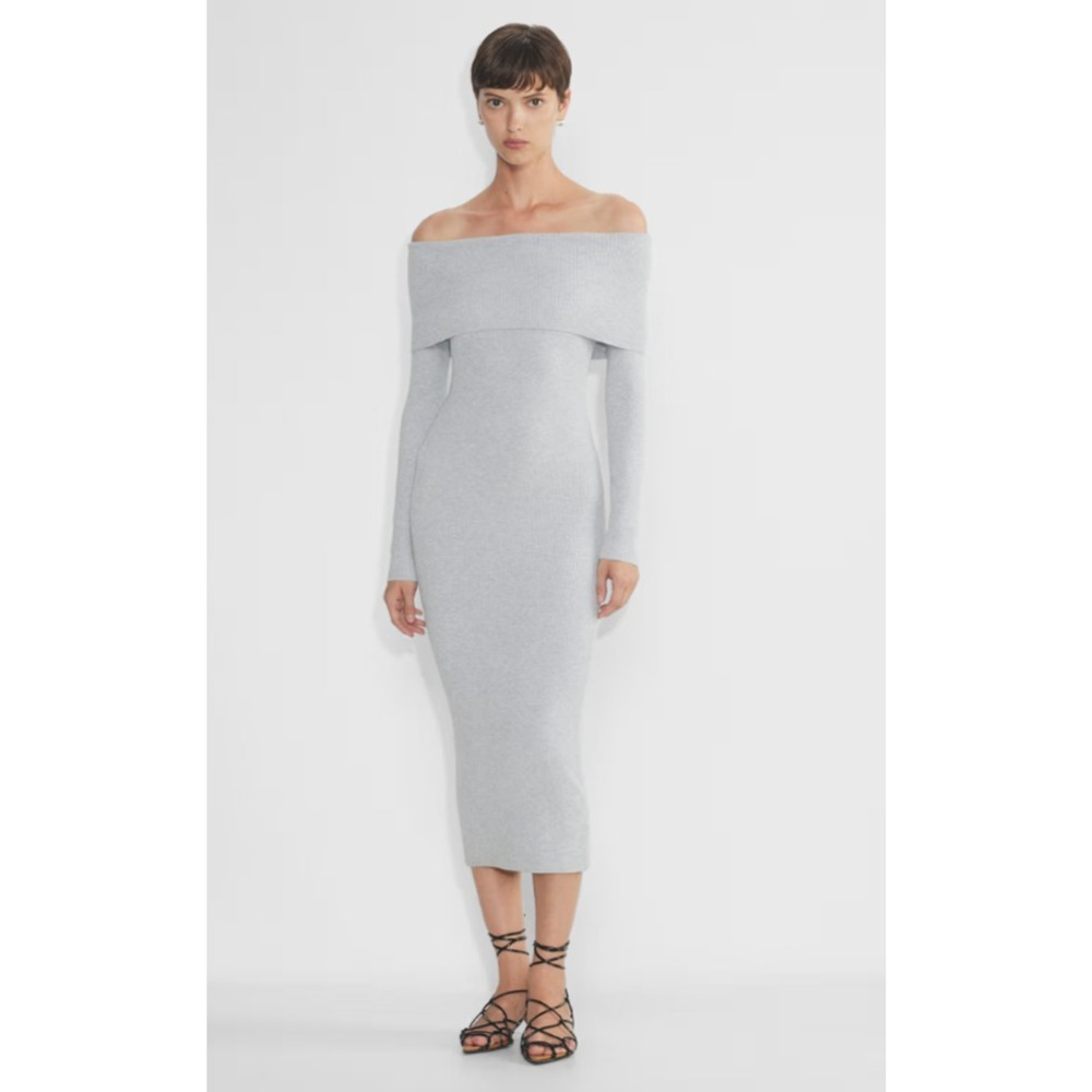 Aritzia Wilfred Clarion Gray Ribbed‎ Bodycon Off Shoulder Dress Large Minimalist